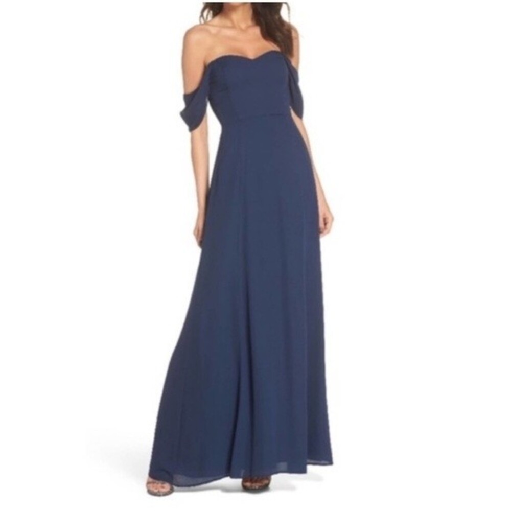 NWT Wayf | Rachel‎ Navy Blue Sweetheart Neckline Gored Chiffon Maxi Dress XS